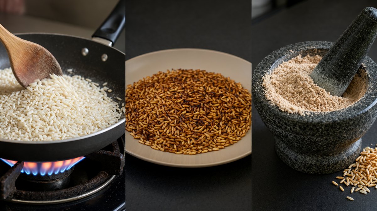 Three stages of making toasted rice powder in a row, pale grains in a dry pan, the same grains toasted deep golden brown, then coarse ground powder in a granite mortar