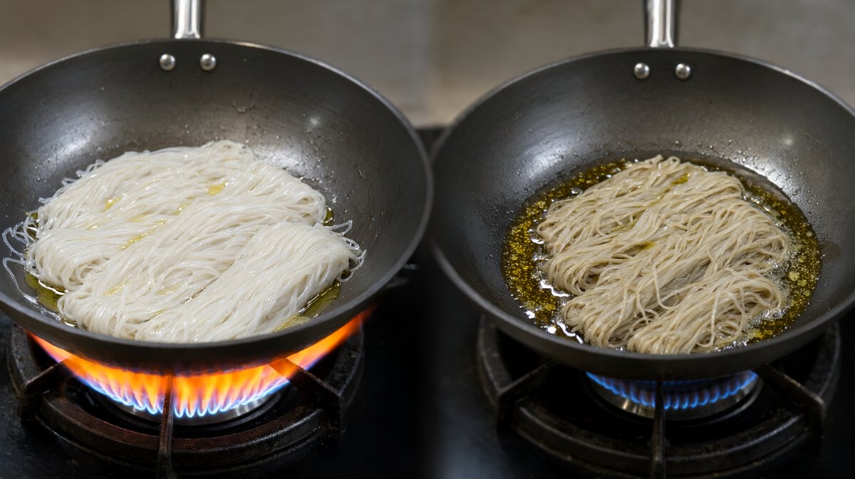 Two woks of rice noodles side by side, one on a high flame with a thin glossy coat, the other on a low flame with oil pooled in the bottom