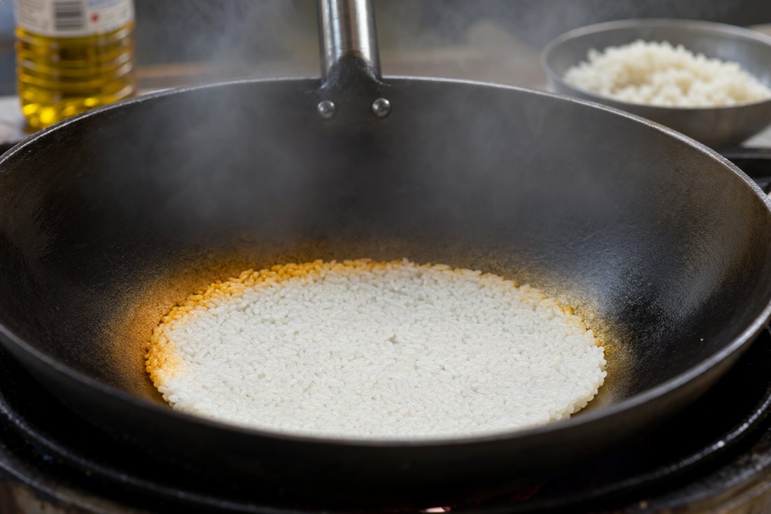 A flat layer of rice pressed into the base of a smoking carbon steel wok, its edge turning golden where it contacts the hot metal