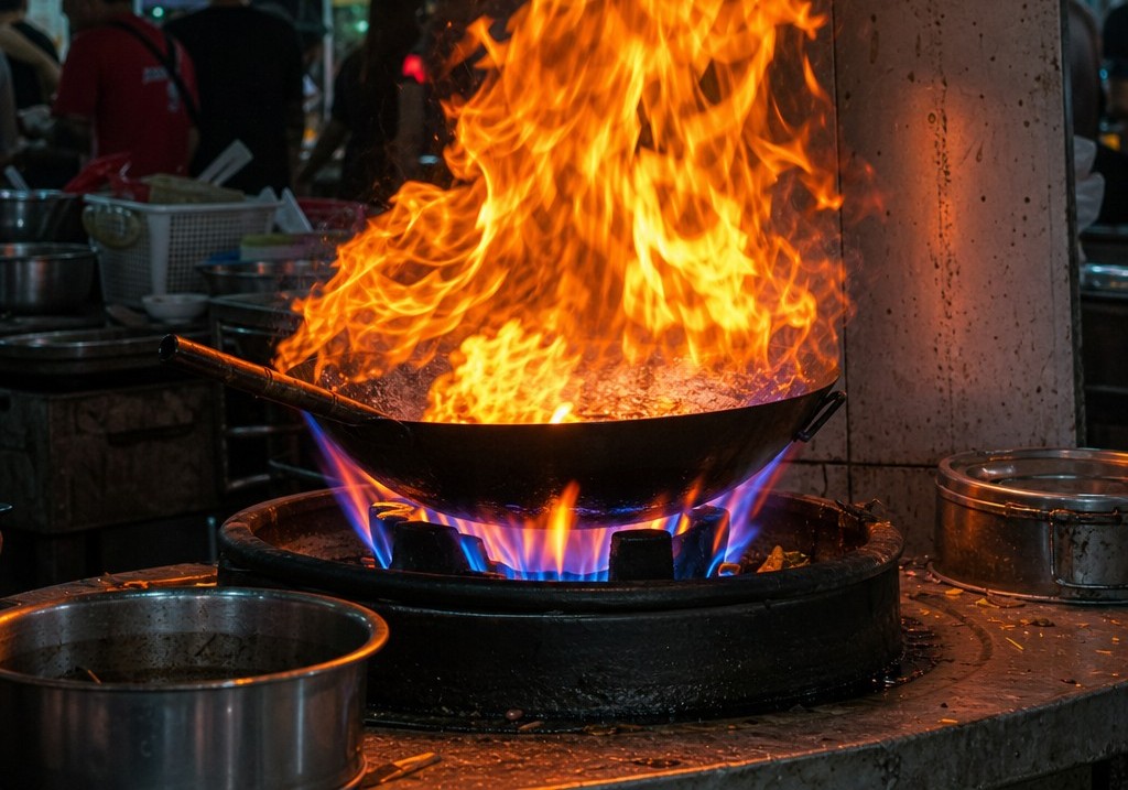 A Thai street food wok burner shooting dramatic flames in a Bangkok night market