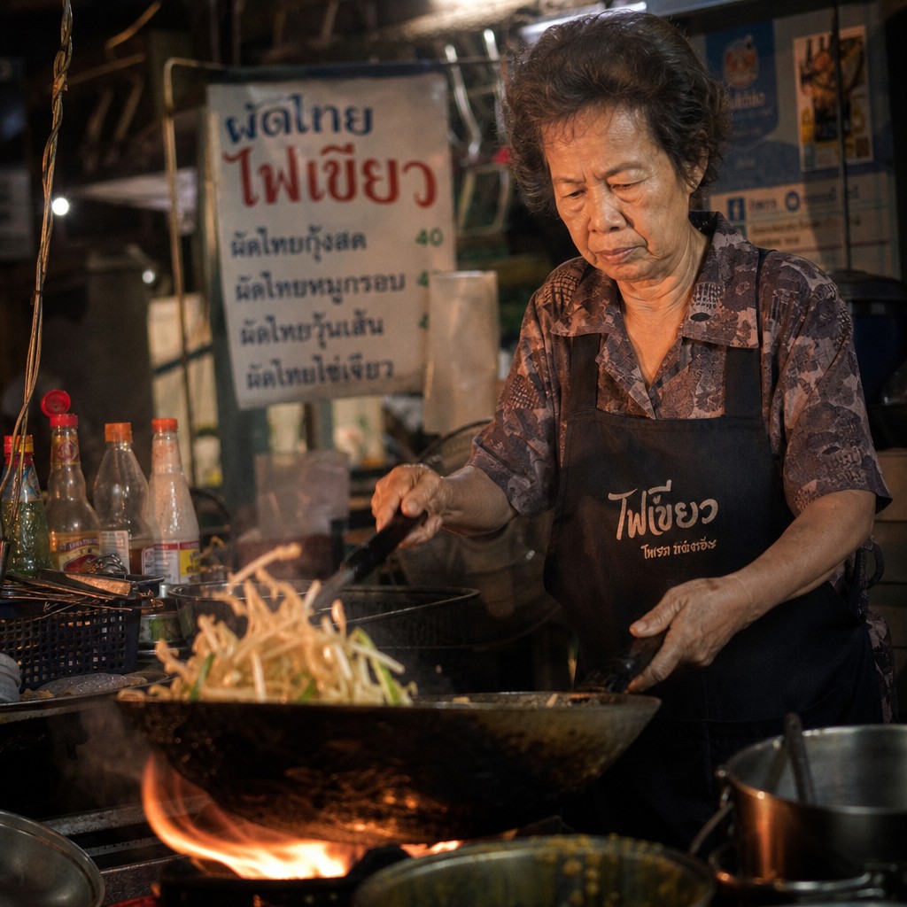 An elderly Thai woman making pad thai at a street food stall in Bangkok, tossing noodles in a wok over an open flame