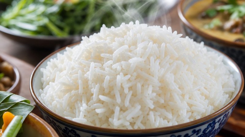 Perfectly steamed jasmine rice cooked using traditional Thai method