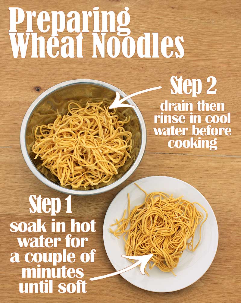 Preparing wheat noodles for chicken drunken noodles