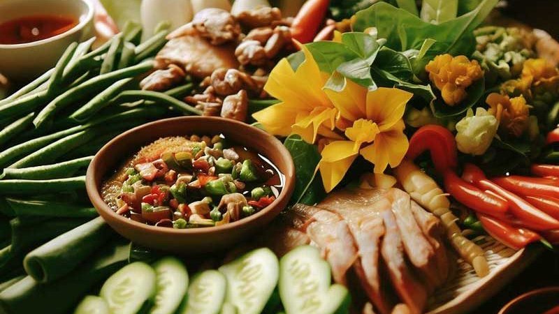 Healthy Thai food ingredients including fresh vegetables and herbs