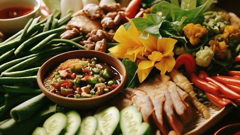 Healthy Thai food selection with vegetables, rice, and lean protein