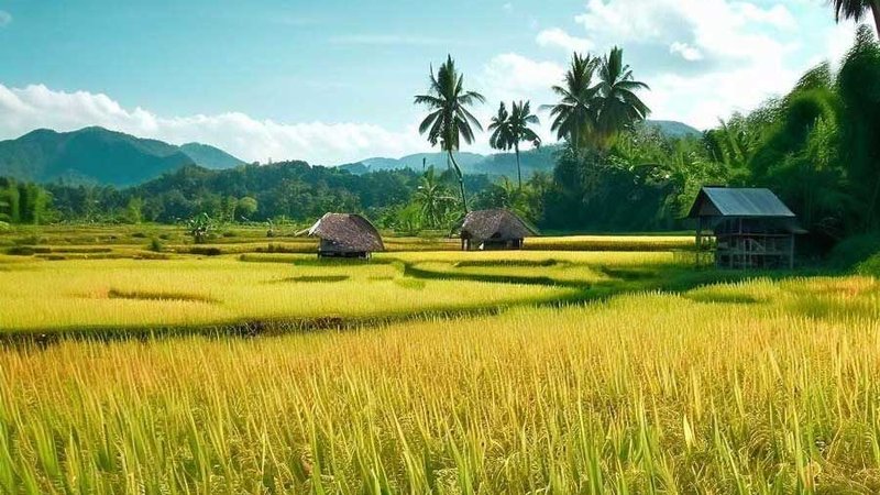 Green rice paddy field in rural Thailand where Thai rice grows