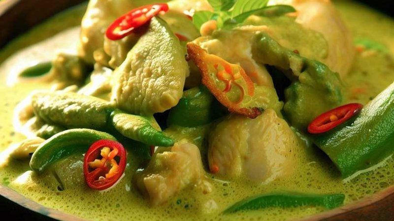 Thai green curry showing its signature green colour from fresh herbs