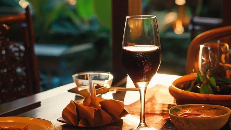 Glass of wine paired with authentic Thai curry dish
